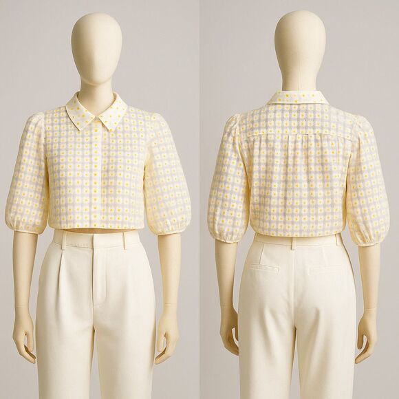 Zara Sheer Organza Daisy Print Blouse White Yellow Women XS Summer Puff Sleeve - Picture 1 of 7